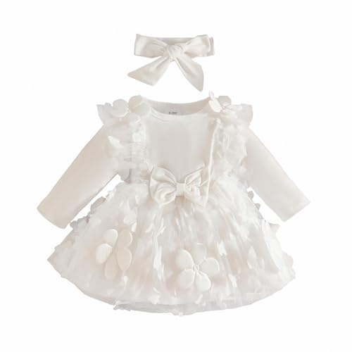 QUNERY Baby Girl Clothes Flower Dress Long Sleeve Butterfly Princess Wedding Birthday Party Bowknot Dresses for Infant Girl White 0-3 Months