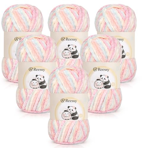 Reessy Chenille Yarn 600g(6×100g), Super Soft Fluffy Velvet Yarn Set, Thick Rainbow Yarns Knitting Wool for Knitting and Crochet Amigurumi, Handbag, Blankets, DIY(Rainbow)