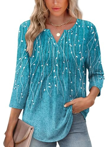 Desol 3/4 Sleeve Womens Blouses V-Neck Ladies Blouse Shirt with Curved Hem Tunic Tops Casual Office Blue L