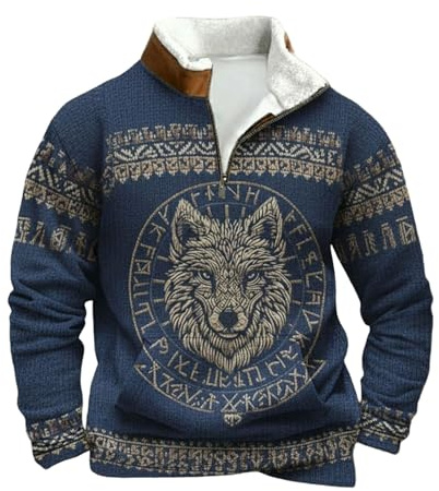Generisch Jersey para hombre al aire libre media cremallera sudadera mitología nórdica tatuajes vikingos sudadera con capucha para hombre gótico medieval vintage talla grande ropa de calle suave y