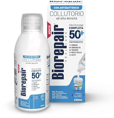Biorepair, Collutorio Alta Densità Protezione Completa 50+, Per Adulti Over 50, Con Antibatterico e Probiotici, Contrasta Cause di Sanguinamento, Alitosi e Infiammazioni, 450ml