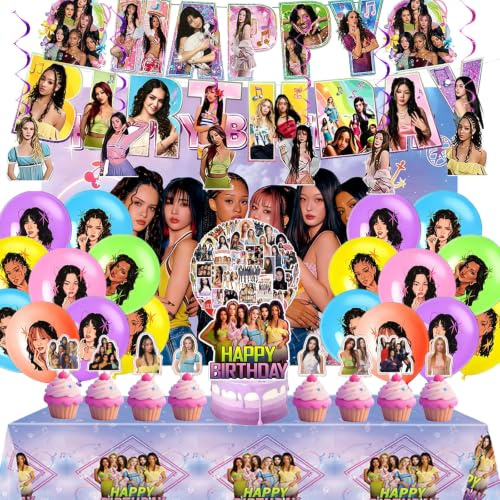 112 adornos de cumpleaños de Katseye,Que incluyen pegatinas,Pancarta,Fondo para fotos infantiles y globos de cumpleaños.Ideal para fiestas de fans y para decorar fiestas infantiles