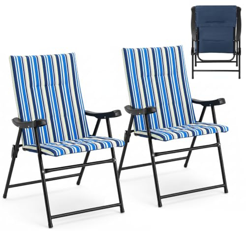 COSTWAY Lot de 2 Chaises de Plage Pliables en Métal Léger, Charge 150 kg | Chaise Pliante Camping, Siège Rembourré, Tissu en Polyester, Dossier Haut, Fauteuil Exterieur pour Pêche Pique-Nique Jardin