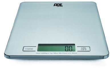 ADE Báscula de cocina digital KE874 Denise. Electrónica y ultradelgada. Superficie de pesado en acero inoxidable. Pese con precisión hasta 5Kg. Tara. Incluye baterías. Color Plata