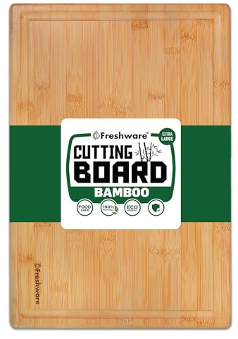 Bamboo Cutting Boards for Kitchen with Juice Groove [Extra-Large] Wood Cutting Board for Chopping Meat, Vegetables, Fruits, Cheese, Knife Friendly Serving Tray with Handles, 18 x 12.5 Inch