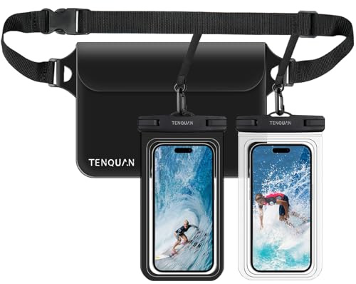 TENQUAN Waterproof Phone Pouch Waterproof Bag, 2 Cellphone Dry Case with Lanyard and 1 Pouch Dry Bag with Waist/Shoulder Strap, Watertight Sealed Underwater for Swimming Boating Bath Fishing Black