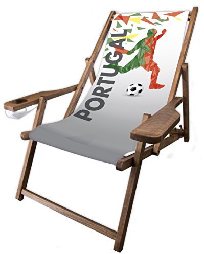 MultiBrands® Holz-Liegestuhl, dunkelbraune Lasur, mit Armlehne und Getränkehalter, Klappbar, Portugal, WM, Fanartikel, 2018