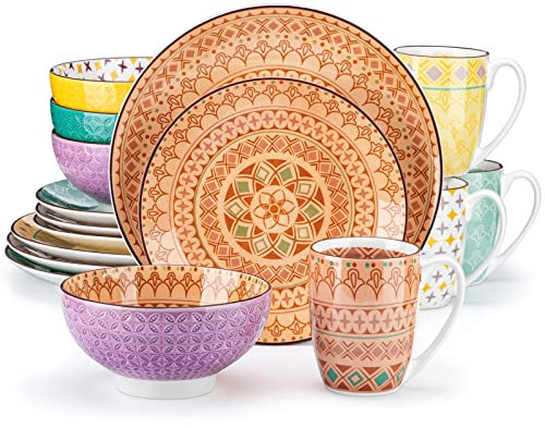 vancasso Tafelservice Porzellan, Tulip Elegantes Geschirrset, 16 teilig Kombiservice Serie Mandala, mit Speiseteller, Dessertteller, Müslischalen und Kaffeebecher für 4 Personen