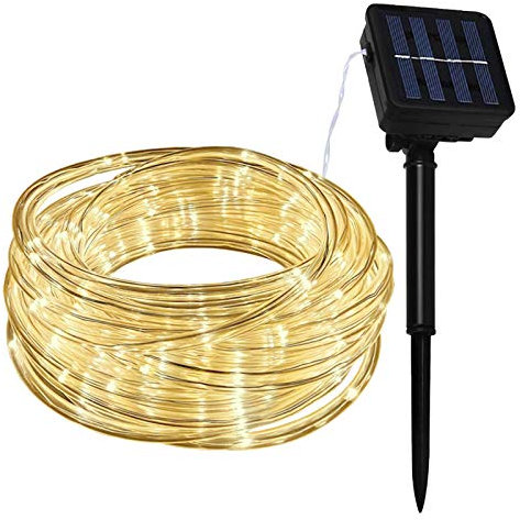 Lamker Manguera Guirnaldas Luces Exterior Solar 10M 100 LED Blanco Cálido Cadena de Luz 8 Modos IP65 Impermeable Tubo Iluminación Decor para Jardín Balcón Terraza Navidad Fiestas Luces de Hadas