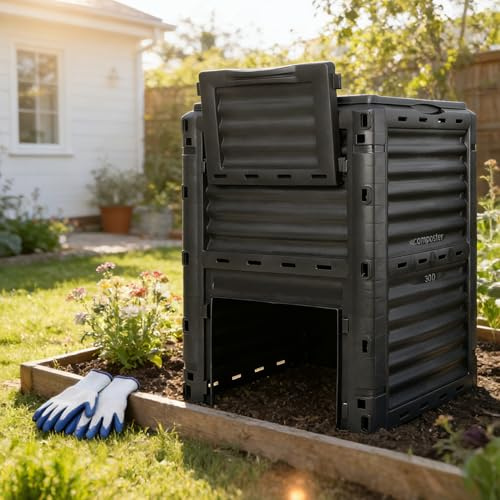 F2C 80Gal Compost Bin with Gloves, Large Outdoor Compost Box, Flip Lid & Bottom Exit Door, Aerating BPA Free Composter for Backyard Garden (Black)