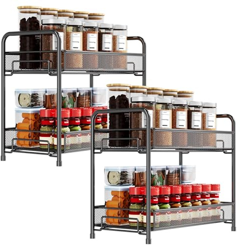 Xpatee Spice Rack Organizer for Countertop 2 Pack, 2-Tier Counter Foldable Metal Standing Large Seasoning Storage Shelf for Kitchen Cabinet Bathroom Living Room Pantry Office, Black