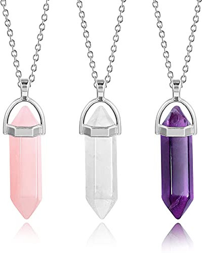 Kristall Kette Set, Amethyst Rosenquarz Kristalle Heilsteine Kette Damen, 3 Stücke Natürlichen Amethyst Rosenquarz Klarerquartz Aventurin Sechseckig Edelstein Anhänger Heilkristalle Halskette