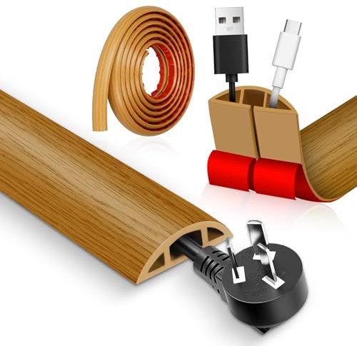Canaleta de Cables, 3,0M x 3CM Canales de Cable Semicirculares, Organizador de Cables Adhesivas, Cubierta de Cable Flexible para Cables en el Suelo de la Pared, Grano de Madera