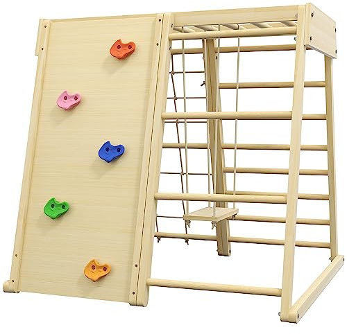 HOMCOM Aire de Jeux 5 en 1 Ensemble d'escalade avec balançoire, échelle Horizontale, Filet à Grimper, Jouets d'escalade pour Enfants, 120 x 105 x 120 cm, Bois d'hêtre Naturel