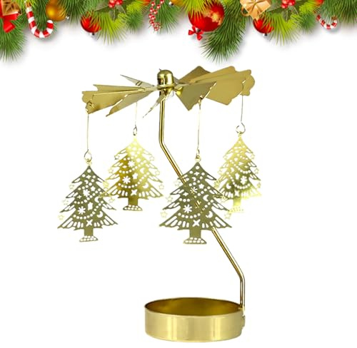 Christmas Iron Rotating Candle Holder Xmas Tree Tea Light Candle Holder Rotating Candlesticks Desktop Ornament for Festival Christmas Home Table Wedding Fireplace Decor