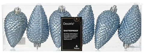 Kaemingk Christbaumschmuck Zapfen 8cm Kunststoff 6 Stück - bruchsicher & mit Glitzer - Christbaumkugeln Weihnachtsbaumkugeln - Weihnachtsbaumschmuck - Eisblau