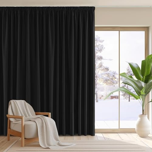 PONY DANCE Blackout Thermal Insulated Curtain Extra Wide Black Out Pencil Pleat Curtain Privacy Protection for Bedroom Living Room Divider Panel, 1 Piece, Black, 79 x 96 Inch
