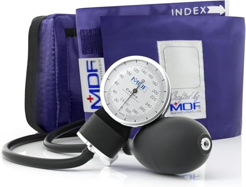 MDF Instruments Calibra Sfigmomanometro Aneroide Premium con bracciale adulto e custodia. Calibrazione a vita, quadrante bianco, bracciale Viola. MDF808M08