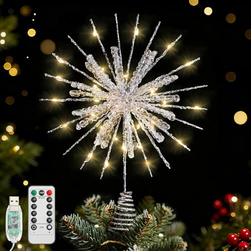 Lewondr Árbol de Navidad, Topper de Árbol Estrella Copo Nieve con Mando a Distancia, Estrella del Topper con Glittered Epoxy y 30 Bombillas LED, Decoración del Árbol Navidad, Plata
