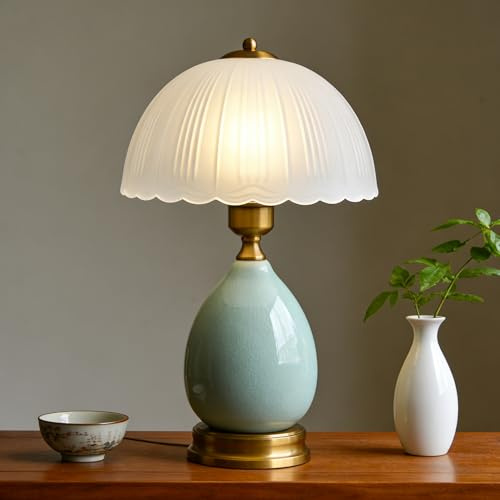 WELAISA Table Lamps Ceramic Retro Lamp for Living Room,16.73 Modern Bedside Nightstand Traditional Lamps, Classic Chinoiserie Green Glass Lamp for Home (French Country)