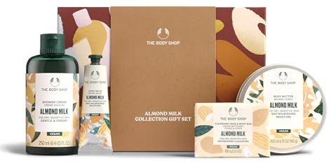 The Body Shop Coffret cadeau collection lait d'amande (crème douche 250 ml + beurre corporel 200 ml + savon 100 g + baume pour les mains 30 ml), collection douce festive pour peaux sèches et sensibles