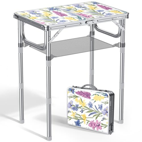 Anbte Mesa Plegable Camping 58x40x26/48/70cm Ajustable Altura Mesas de Acampada Portátil Mesa Playa Aluminio Impermeable para Terraza Playa Exterior BBQ-Color Modelo Estampado