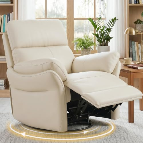AIRSKY Poltrona Relax in Pelle Sedia Reclinabile Girevole Oversize Poltrone per Anziani Poltrona Ergonomica da Soggiorno con Poggiapiedi Inclinabile Adatta per soggiorno, camera da,Beige
