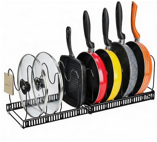 Ribech Organizzatore per Coperchi - Supporto estraibile per cassetto con 10 divisori regolabili, Sistema di ordinamento per pentole, padelle & coperchi, Nero