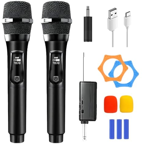 Microphone Sans Fil, Double Microphone Karaoké, Double Portable Micros Dynamiques Avec Récepteur, Microphones A Main Sans Fil Rechargeable Pour Églises, Mariages, Karaoké, Chants, Fêtes, Soirées, Dj