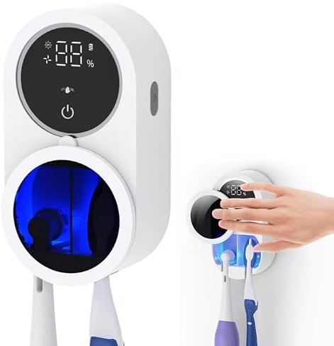 Focenat Esterilizador Cepillo Dientes UV con Secado por Aire, Soporte Cepillo de Dientes Eléctrico de Pared con Sensor de Movimiento, Pantalla LED, Recargable USB-C, Desinfectante para Baño y Familia