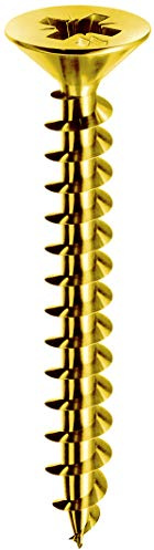 Vis pour bois t.p.s. 'Panelvit' en acier laitonné, laqué brillant. À normes dIN 7505, tête fraisée plate à croix. Vissage Direct sans preforo. Pour application poignées et charnières en laiton.