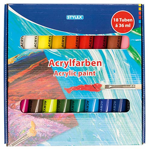 Stylex 28655 - Acrylfarben im Set, 18 Tuben á 36 ml, auf Wasserbasis hergestellt, matt, hohe Deck- und Farbkraft, lichtbeständig, schnelltrocknend und wasserfest