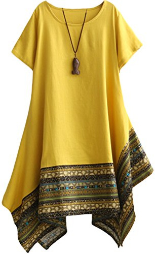 Minibee Women's Ethnic Cotton Linen Short Sleeves Irregular Tunic Dress (M, Yellow)