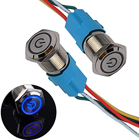 JIQI 2 × 16 mm tillfällig metalltryckbrytare 12 V till 24 V 3 A tillfällig LED-knappbrytare IP66 1NO1NC vattentät förkopplad på/av-knapp strömbrytare för fordonsmodifiering husbil (blå/power symbol)