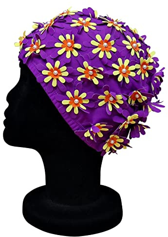 Blått rev väduren elastisk blommig dam klassisk retro 3D utskuren flerfärgad blomma vacker snygg vintage look badmössa badmössa en storlek vuxna (lila)