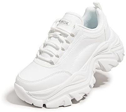 K KIP WOK Chunky Sneakers for Women Fashion Platform White Leather Casual Dad Shoes Comfortable Wedge Walking Sport Sneakers(White,8)