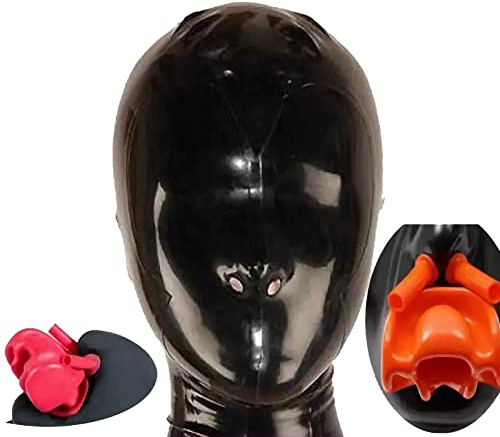 SALANSEX Latex Hood Full Face Mask with Zipper, Silicone Mouth Insert & Nasal Tube for Party, Cosplay, Holiday(XL)
