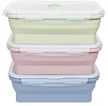 EASYLOCK 3 PACK 1200ML Frischhaltedosen mit Deckel, Meal Prep Boxen, Faltbare Brotdose, Mikrowellengeschirr Essen Aufschnittboxen für Kühlschrank, Faltbar Gefrierdosen Set（Grün, Rosa, Blau