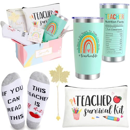 PETSUPS Lehrer-Geschenke für Frauen, Dankeschön-Geschenke für Lehrer, personalisierbarer Geschenkkorb für Lehrer, inklusive 590 ml, grüner Reisebecher, Make-up-Tasche, Ahornblatt-Lesezeichen, Socken,