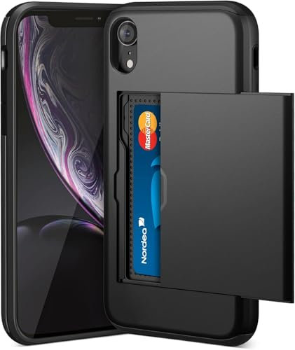 XYZNTMF for iPhone XR Case iPhone XR Shockproof Case with Card Holder Soft Silicone Bumper Matte Hard PC Shell Heavy Duty Protective Skin Cover Armor Rubber iPhone XR Phone Case, Black