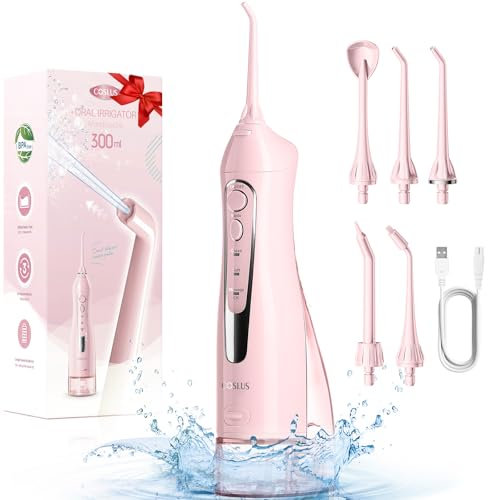 COSLUS Idropulsore Dentale Portatile Senza Fili, 300 ML Irrigatore Idropulsore Ricaricabile Foppio Flusso Impermeabile IPX7 Water Orale Flosser Pulizia Denti Ideale per Viaggi a Casa Rosa Chiaro