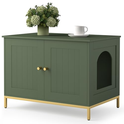 Homhedy Caja de arena para gatos, muebles de baño para gatos con marco de metal, casa para mascotas, se adapta a la mayoría de cajas de arena, estilo moderno, verde y dorado