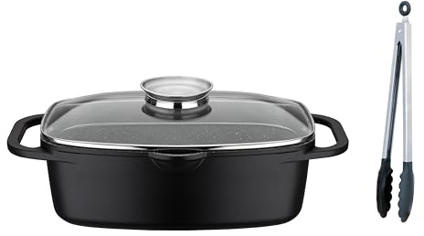 GSW Asador universal de granito gourmet con pinzas para servir, de alta calidad con tapa, ideal para guisar, asar y asar, también para inducción y horno, color negro, aluminio fundido, 6 litros