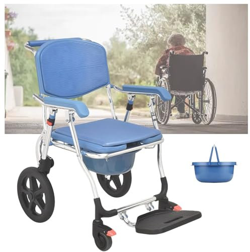 Sedia Comoda Pieghevole WC per Anziani con Rotelle, Sedia WC Comoda per Anziani Disabili, Sedia da Toilette Mobile con Freno e Vasino, Impermeabile e Antiscivolo, Capacità 150 kg