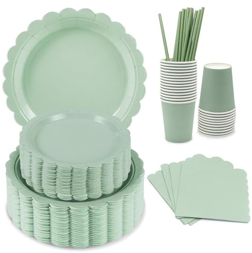BOODPET Set di stoviglie usa e getta Sage Green (per 15 persone) — Piatti, bicchieri e tovaglioli di carta compostabili — Set ecologico per feste, adatto per battesimi, picnic, matrimoni e viaggi