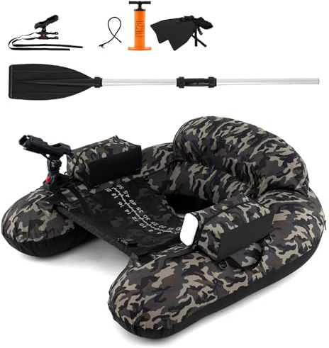 HOMASIS Canot pneumatique Individuel, Bateau pneumatique de pêche avec Pompe/pagaie/Palmes/Porte-Canne à pêche/Table à appâts, Charge maximale 150 kg, 111 x 104 x 46 cm (Camouflage)