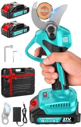 Tijeras de Podar Eléctricas, 21V Motor Sin Escobillas,33mm Tijeras de Podar Bateria con 2 x 2 Ah Baterías,Pantalla LCD y SK7 Cuchillas, Ligera Tijeras Podar para Jardinería, Árboles Frutales, Rosales