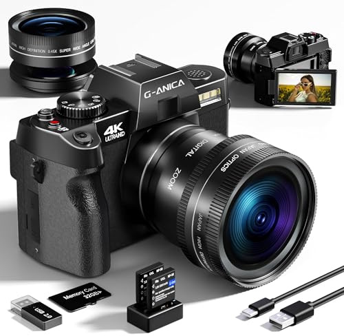 G-Anica 4K Vlogging Camera with Detachable Macro & Wide Lens Kit - WiFi & App Control, Supports Up to 48MP Photos, Compact Digital Cam for Beginners, 16X Zoom & Anti-Shake (32GB Card Included)