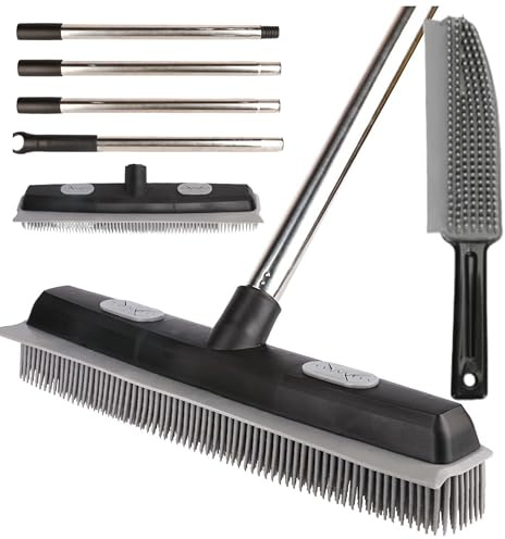 Rubber Brush Options For Pet Hair Removal Broom with Squeegee,Rubber Broom with 149cm Multi-section Stainless Steel Handle for Pet Cat Dog Hair Removal Carpet Windows Clean. (GREY/BLACK 2)