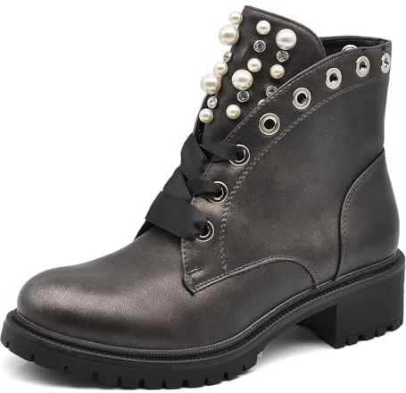 IF Fashion Stivaletti Stivali Scarpe da Donna Lacci Anfibi borchie Perle Perline Nastro Strass MS1555 gun Canna di fucile N.38